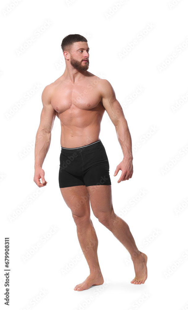 Young man is stylish black underwear on white background