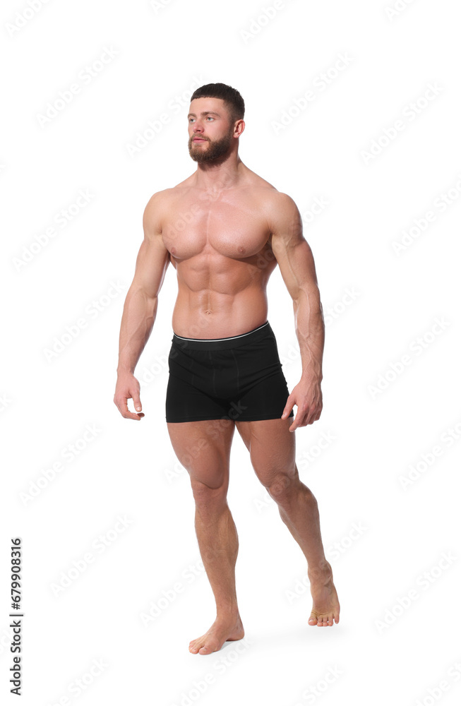 Young man is stylish black underwear on white background