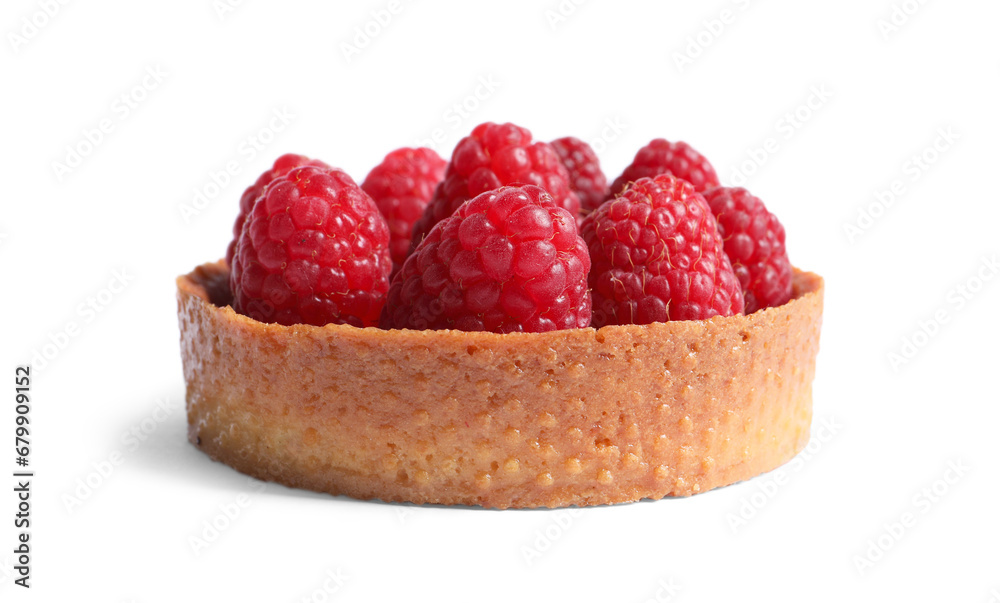 Tartlet with fresh raspberries isolated on white. Delicious dessert Tartlet with fresh raspberries isolated on white. Delicious dessert