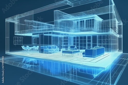architecture and interior virtual reality  a hologram of a house and design on his hand Real Estate project. Hologram Concept Simulation.AI Generated