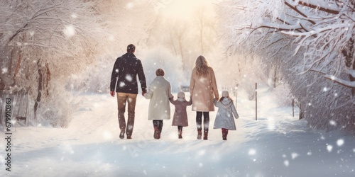 Happy family Father, mother and children are having fun and playing on snowy winter walk in nature. comeliness