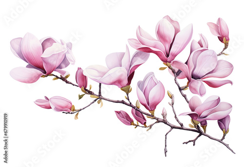 Pink spring magnolia flowers branch isolated on white background, cutout, png, Canva, Cherry blossom branch, flower petal illustration © Happy Stock