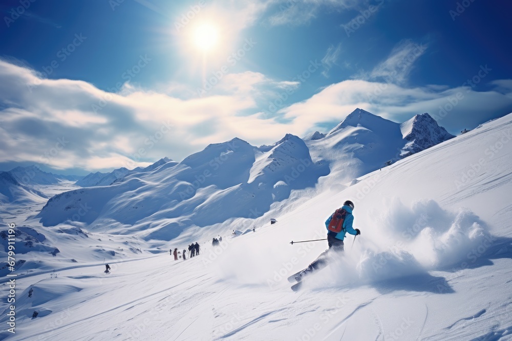 Sunny Slopes: Skiers Gliding Down the Sunlit Mountain Sunny Slopes: Skiers Gliding Down the Sunlit Mountain