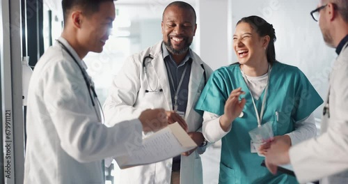 Doctors, nurses and high five, teamwork or healthcare success with hospital news, results or group goals. Medical people in fist bump, celebration and praise for clinic achievement or congratulations photo