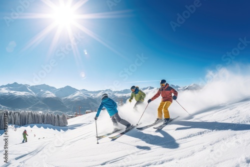 Sunny Slopes: Skiers Gliding Down the Sunlit Mountain
