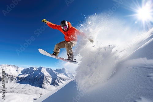 Sunny Snowboarding: Thrilling Descent on the Sunlit Mountain Slope