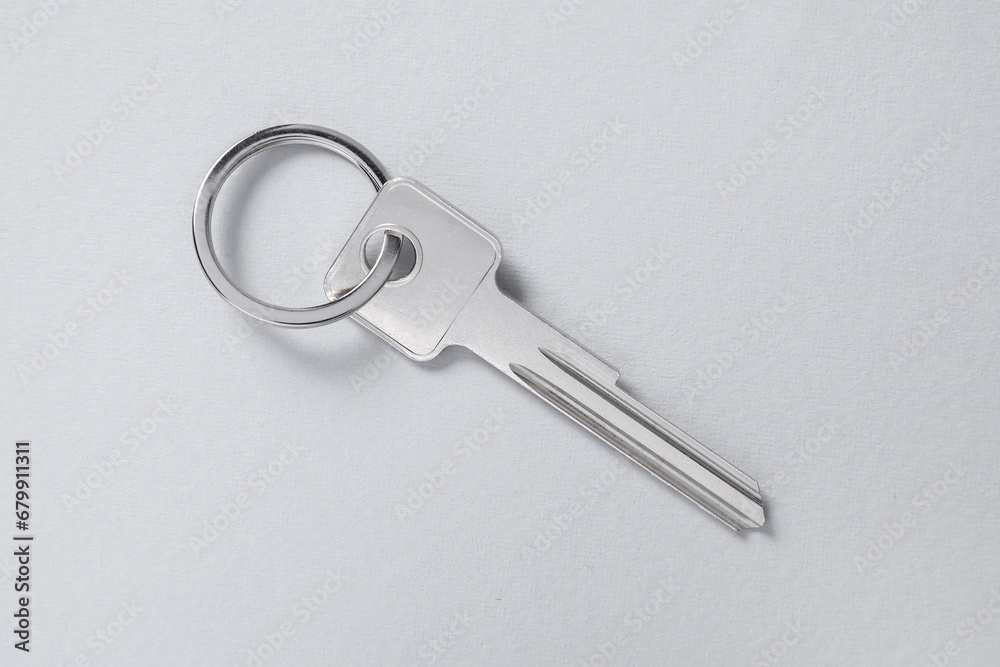 One key with ring on light background, top view One key with ring on light background, top view