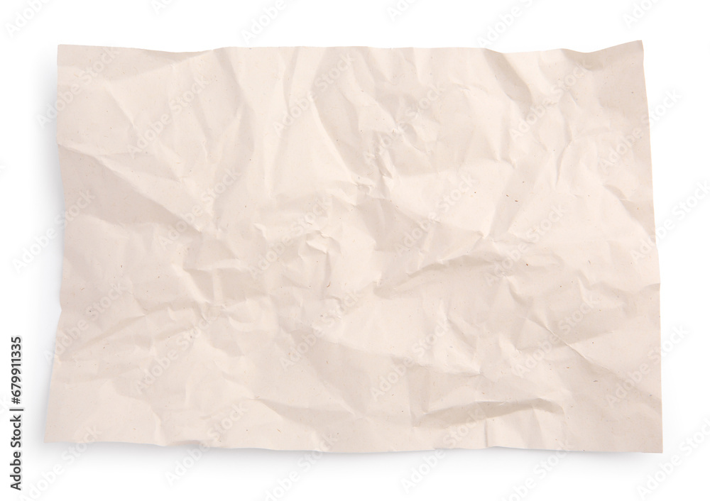 Sheet of crumpled parchment paper isolated on white, top view