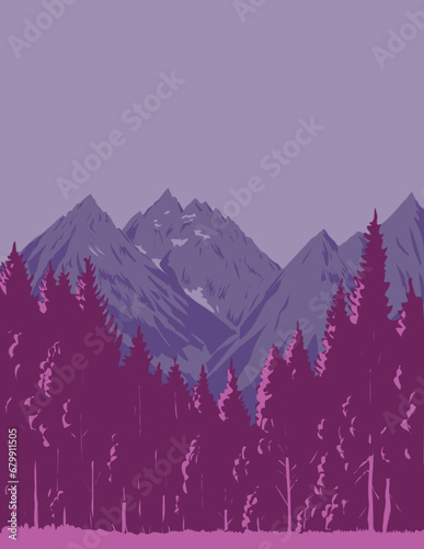 WPA poster art of Teton Range in Grand Teton National Park in the Rocky Mountains located in Wyoming USA done in works project administration or federal art project style.
