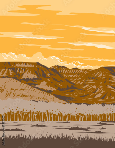 WPA poster art of Theodore Roosevelt National Park near Medora in the southwest of North Dakota USA done in works project administration or federal art project style.
