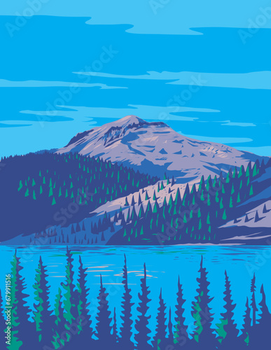 WPA poster art of Lake Helen with summit of Lassen Peak Volcano within Lassen Volcanic National Park in northern California USA done in works project administration or federal art project style.
