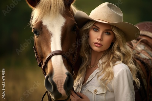 Western Grace: Beautiful Cowgirl with Cowboy Hat Standing Proudly Beside a Majestic Horse © Milos
