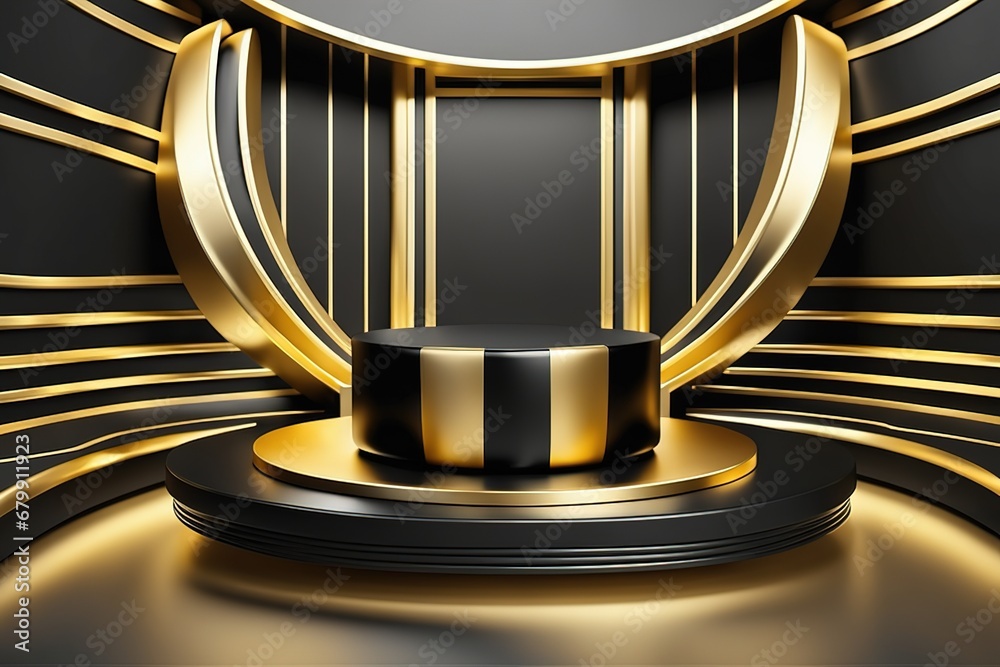 Gold Circle pedestal in eleglance luxuary for product presentation and white plaster wall.Ai generated