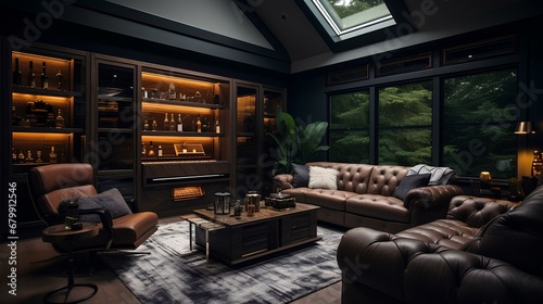 a luxury lounge room for relaxing, smoking cigars, and drinking, with a smart humidor and wine fridge with adjustable temperature in a modern, black ranch-style setting. generative AI photo