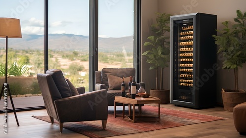 a luxury lounge room for relaxing, smoking cigars, and drinking, with a smart humidor and wine fridge with adjustable temperature in a modern, black ranch-style setting. generative AI