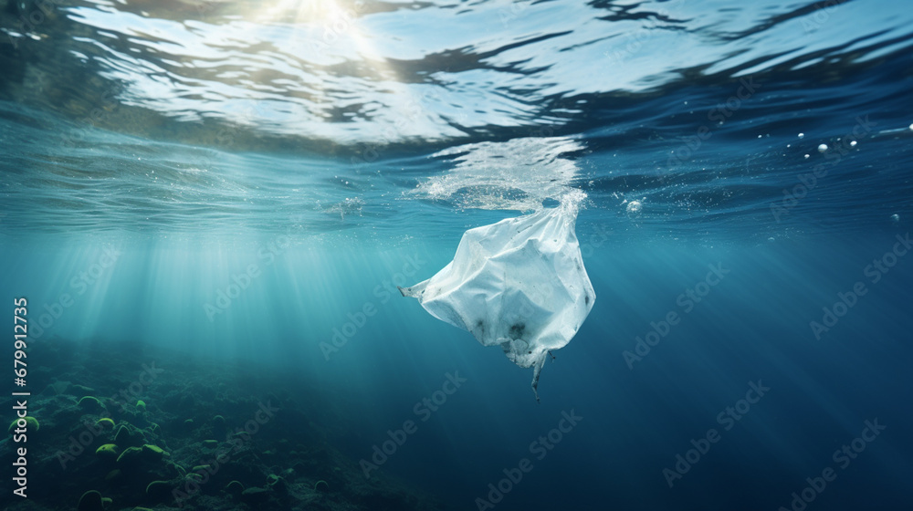 Plastikowa siatka pod powierzchnią wody, zanieczyszczenie. - obrazy, fototapety, plakaty 