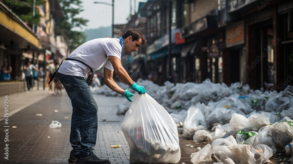 Obraz na płótnie Mężczyzna zbiera śmieci na ulicy zanieczyszczonego miasta w salonie