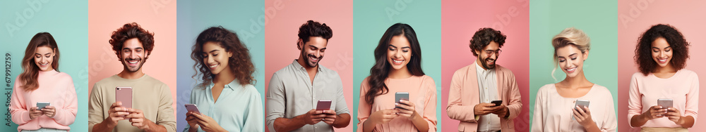 Collage Of People Portraits. Men And Women Using Smartphones While Standing Over Pastel Background, Laughing and Happy Young People Enjoying Mobile Communication Or Online Gaming, social media
