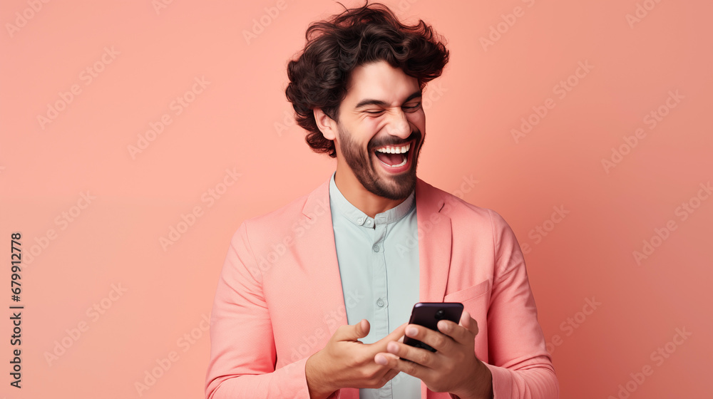 Portrait of attractive focused guy using device gadget browsing media smm isolated over beige pastel color background Portrait of attractive focused guy using device gadget browsing media smm isolated over beige pastel color background