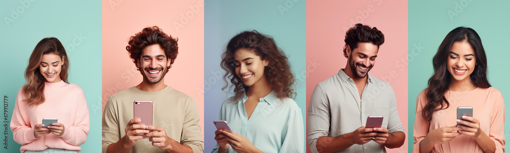 Set of smiling people over pastel background sending a message or email with the mobile Set of smiling people over pastel background sending a message or email with the mobile