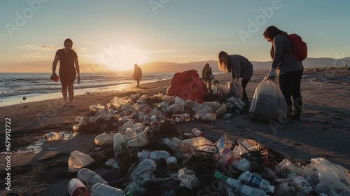 Grupa ludzi zbiera śmieci na plaży. Oczyszczanie środowiska z plastiku photo