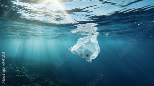 Plastikowa siatka pod powierzchnią wody, zanieczyszczenie. photo