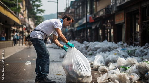 Mężczyzna zbiera śmieci na ulicy zanieczyszczonego miasta photo