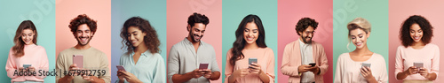 Collage Of People Portraits. Men And Women Using Smartphones While Standing Over Pastel Background, Laughing and Happy Young People Enjoying Mobile Communication Or Online Gaming, social media photo