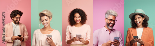 Collage Of People Portraits. Men And Women Using Smartphones While Standing Over Pastel Background, Laughing and Happy Young People Enjoying Mobile Communication Or Online Gaming, social media photo