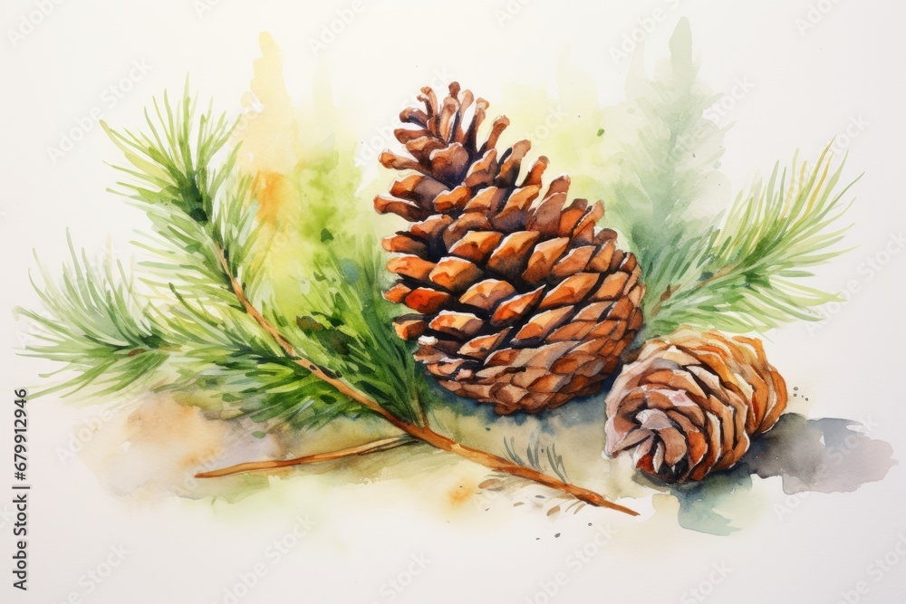 Fototapeta premium watercolor fir cone Watercolor pine cone Hand painted pine branch with cone