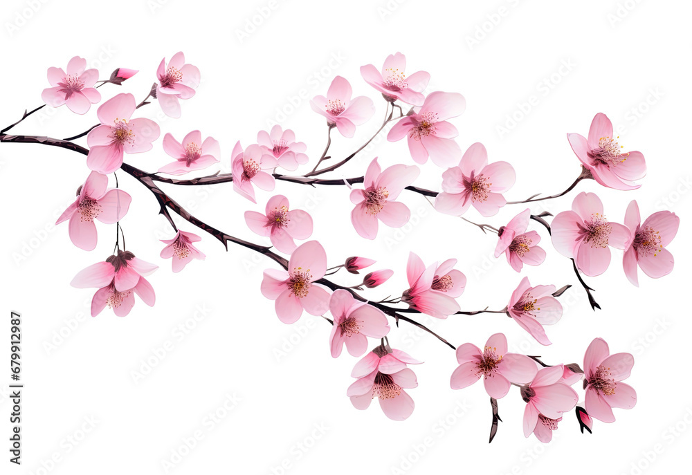 Sakura blossom branch. Falling petals, flowers. Isolated flying realistic japanese pink cherry or apricot floral elements fall down vector background. Cherry blossom branch, flower petal illustration