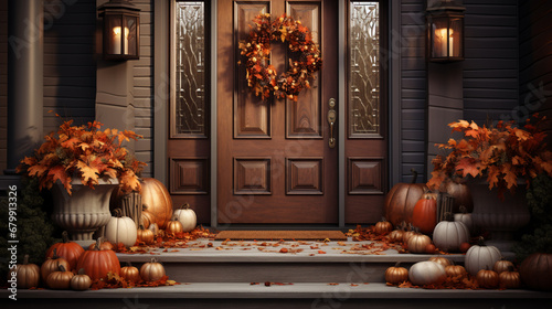 thanksgiving wreath on brown front door, AI Generative.