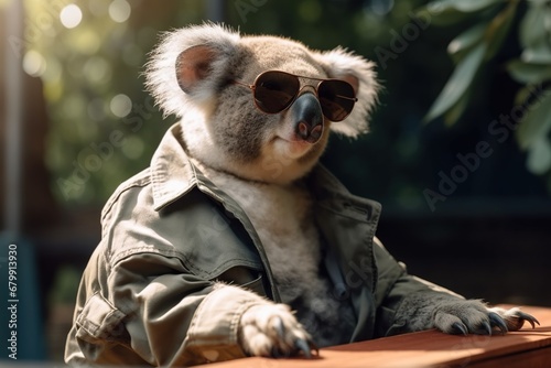 a koala dressed in eco clothes wearing glasses resting