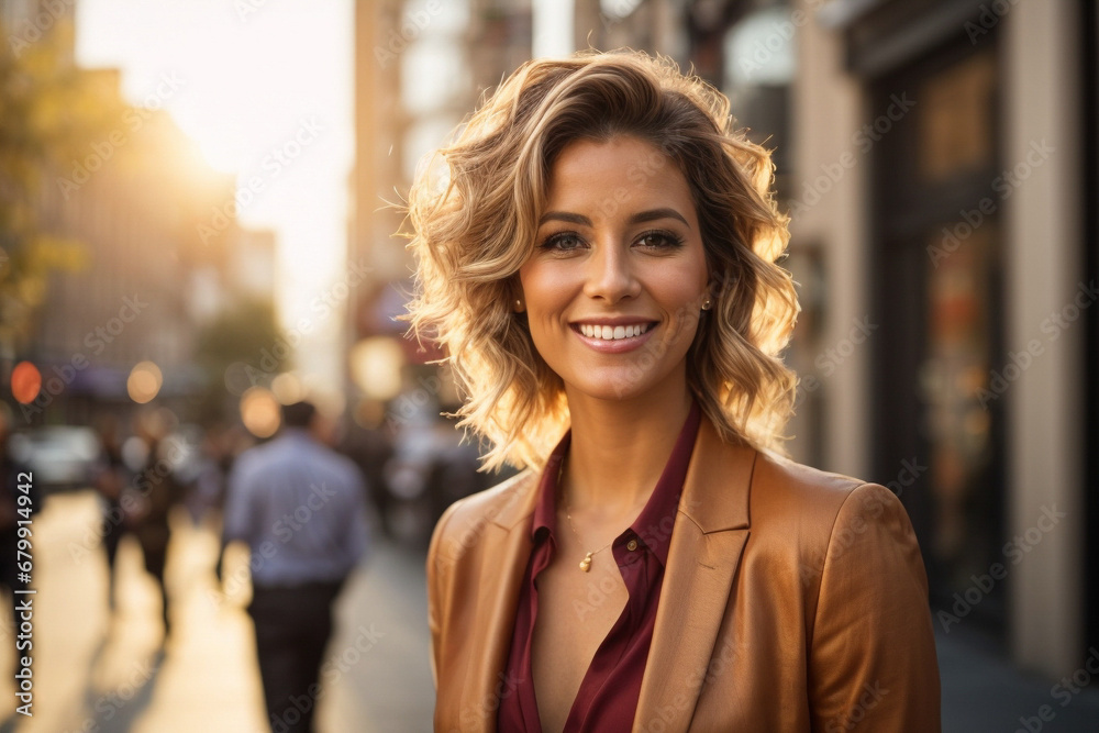 Young beautiful business woman walks on city street during sunset time Young beautiful business woman walks on city street during sunset time