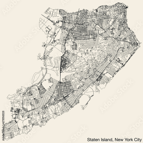 Detailed hand-drawn navigational urban street roads map of the STATEN ISLAND BOROUGH of the American city of NEW YORK CITY, UNITED STATES with vivid road lines and name tag on solid background