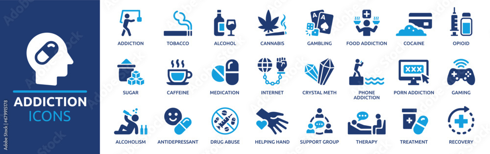 Addiction icon set. Containing tobacco, alcohol, cannabis, gambling, cocaine, drug and more. Vector solid icons collection. - obrazy, fototapety, plakaty 