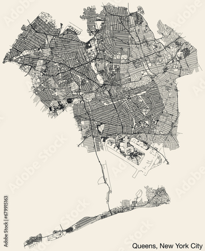 Detailed hand-drawn navigational urban street roads map of the QUEENS BOROUGH of the American city of NEW YORK CITY, UNITED STATES with vivid road lines and name tag on solid background