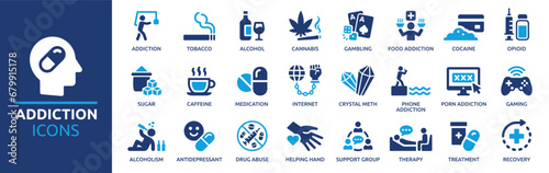 Addiction icon set. Containing tobacco, alcohol, cannabis, gambling, cocaine, drug and more. Vector solid icons collection. photo