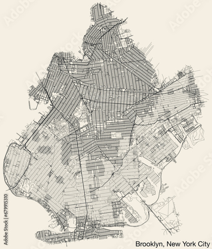 Detailed hand-drawn navigational urban street roads map of the BROOKLYN BOROUGH of the American city of NEW YORK CITY, UNITED STATES with vivid road lines and name tag on solid background