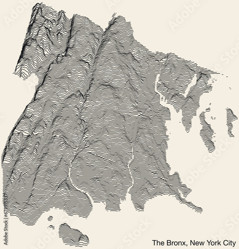 Topographic exaggerated relief map of the borough of THE BRONX, NEW YORK CITY with solid contour lines and name tag on vintage background