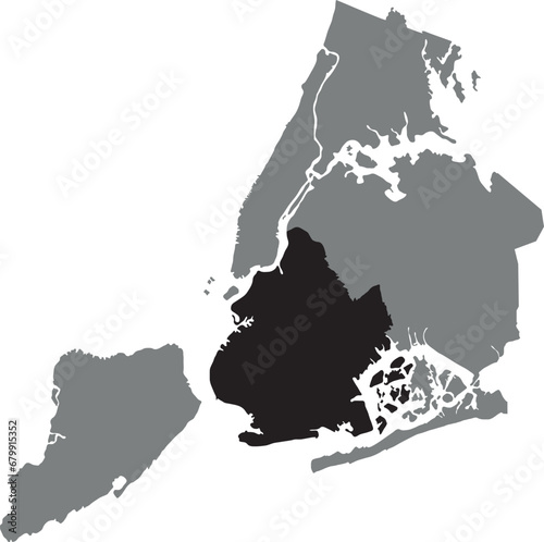 Black flat blank highlighted location map of the BROOKLYN BOROUGH inside gray administrative map of NEW YORK CITY, UNITED STATES