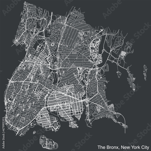 Detailed hand-drawn navigational urban street roads map of THE BRONX BOROUGH of the American city of NEW YORK CITY, UNITED STATES with vivid road lines and name tag on solid background