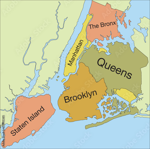 Pastel flat vector administrative map of the NEW YORK CITY, UNITED STATES with name tags and black border lines of its boroughs