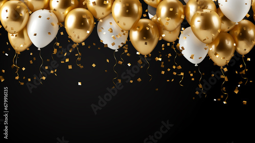 Gold shiny confetti and gold balloons only, AI Generative.