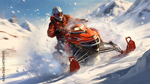driving snowmobile motor in winter, snow, sport photo