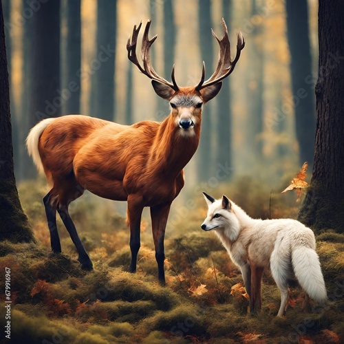 A beautiful Deer and a beautiful fox all in wood nature - 1