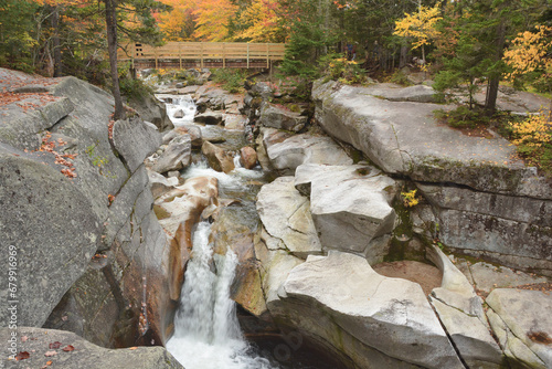 Footbridge overlooking upper falls along the Ammonoosuc River in New Hampshire’s White Mountains. At this location the river plunges downstream through a rocky gorge.