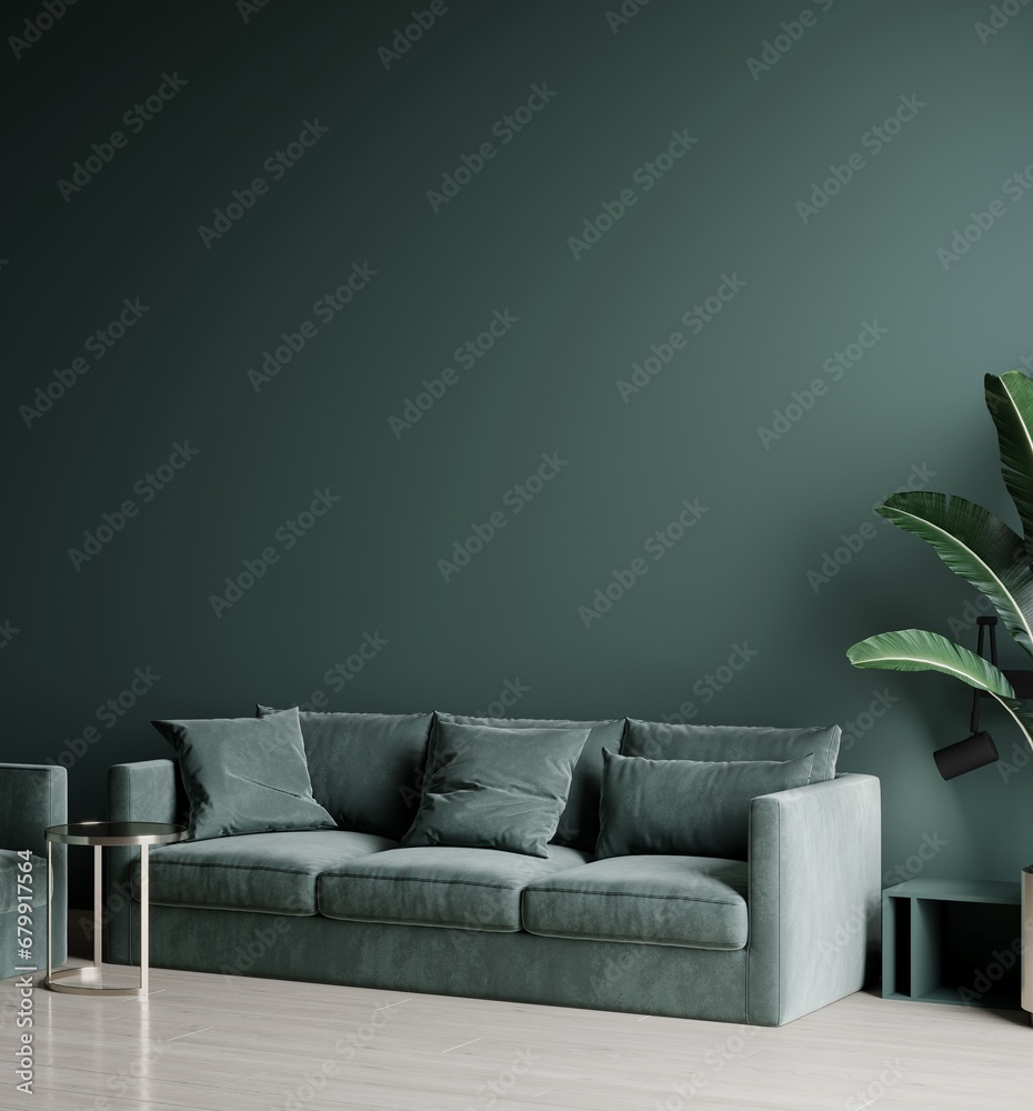 Premium living room or reception with a dark greenish paint wall accent and emerald furniture sofa. Empty trend color background mockup art. Modern style lounge or office hall. 3d render. Premium living room or reception with a dark greenish paint wall accent and emerald furniture sofa. Empty trend color background mockup art. Modern style lounge or office hall. 3d render.