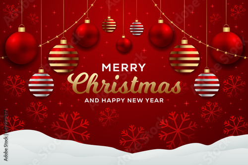 gradient merry Christmas horizontal banner illustration on a red background