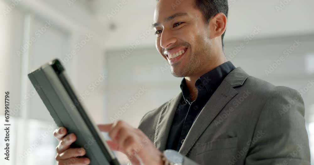 Business man, tablet and happy for stock market results, investment planning or reading financial report. Professional asian person or trader scroll on digital technology, trading and data analysis